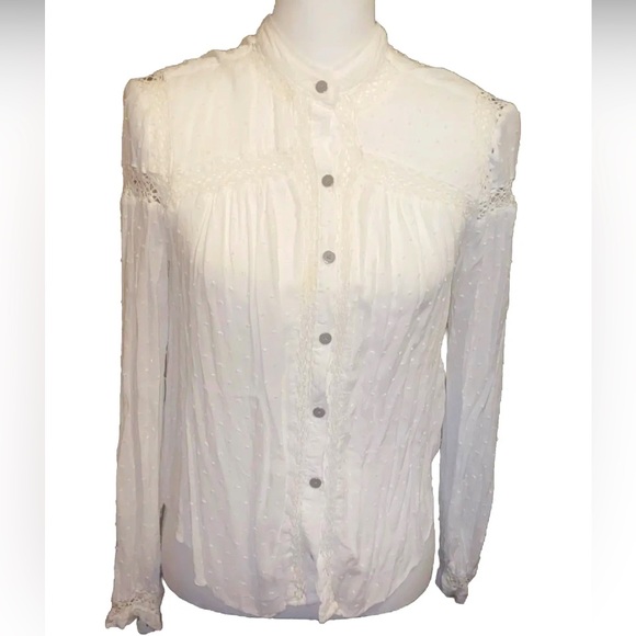 Free People Womens Ivory Button Up Crochet Back Long Sleeve Blouse Top Sz XS - Picture 1 of 7
